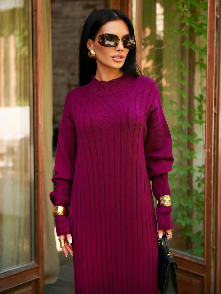 Баклажановое платье лапша длинное трикотажное