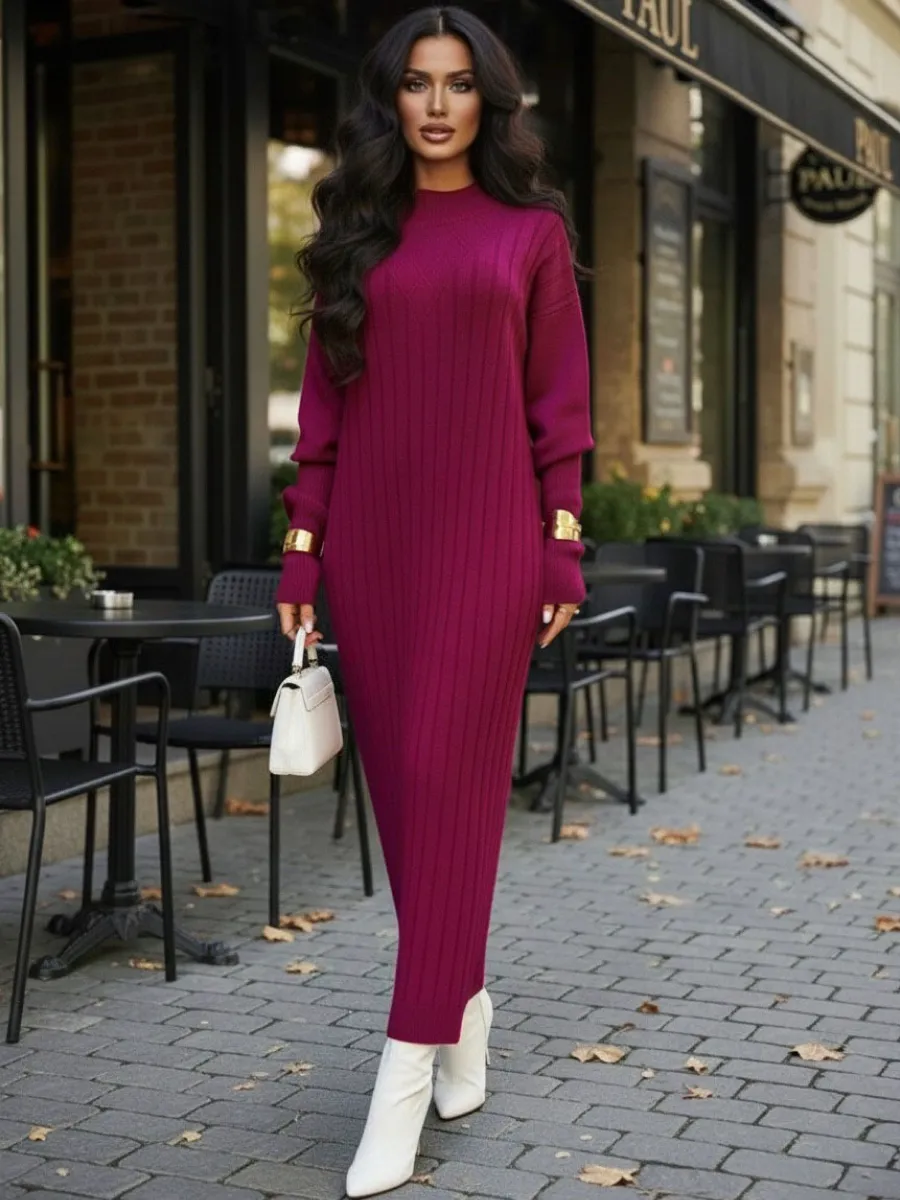 Баклажановое платье лапша длинное трикотажное