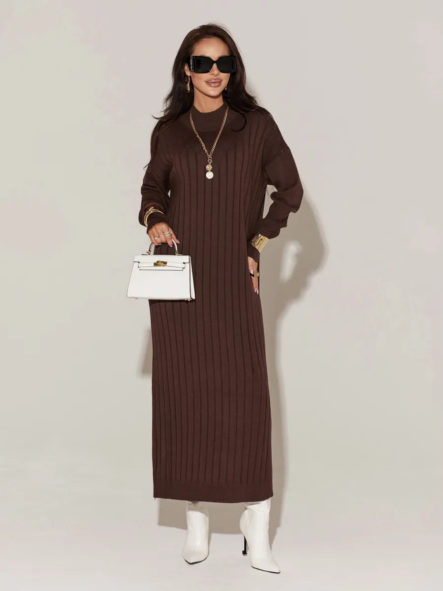 Коричневое платье лапша длинное трикотажное