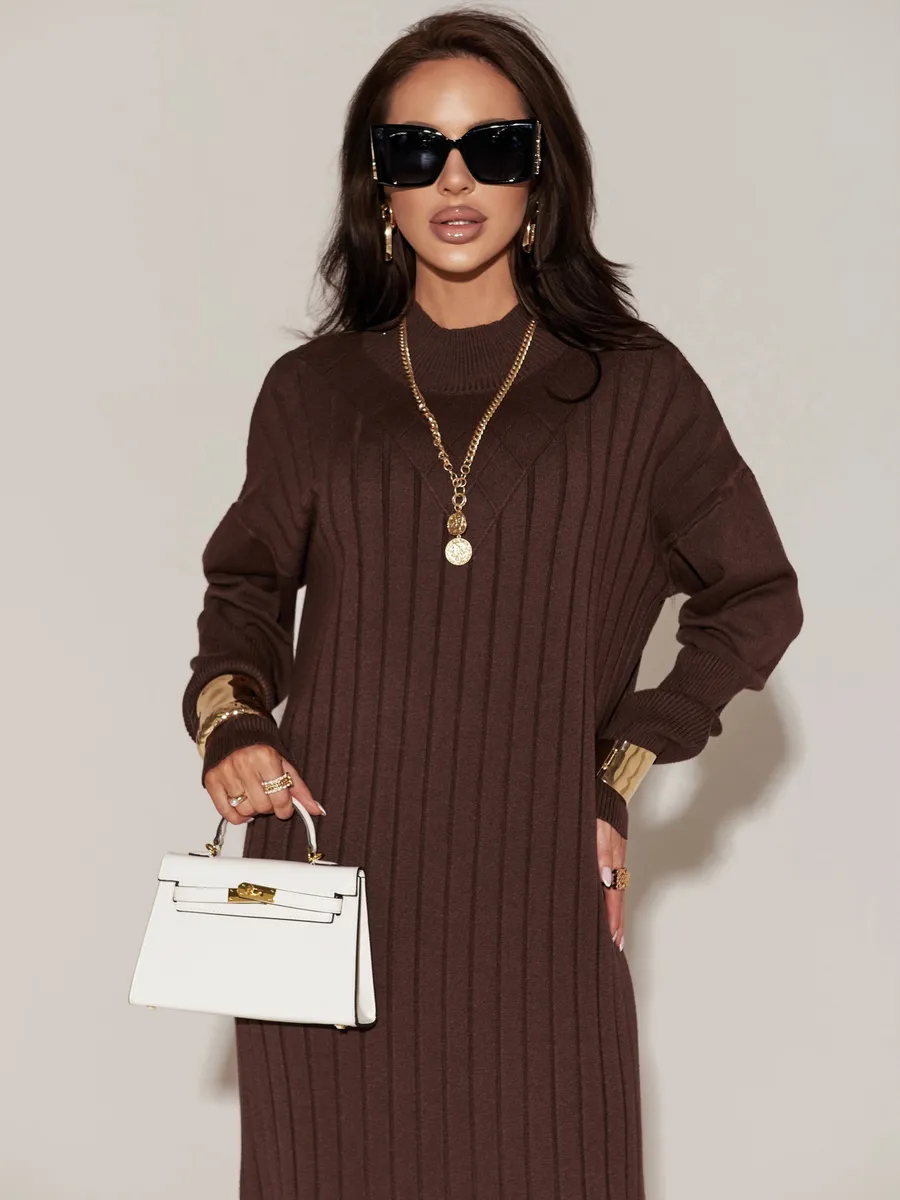 Коричневое платье лапша длинное трикотажное