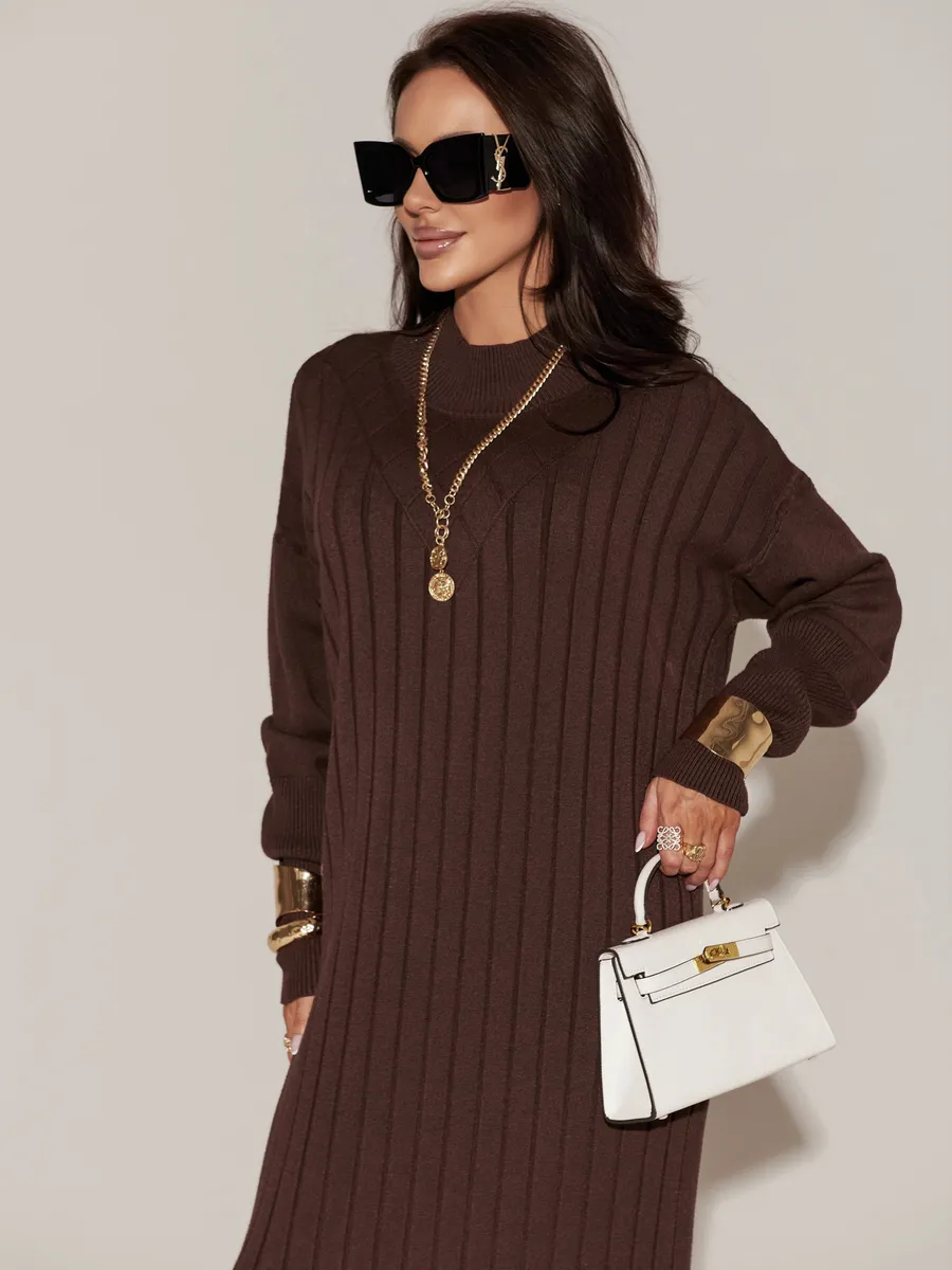 Коричневое платье лапша длинное трикотажное