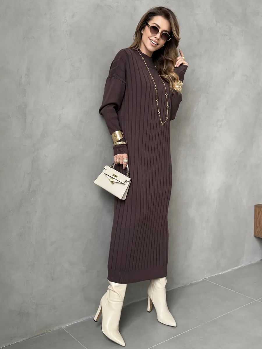 Коричневое платье лапша длинное трикотажное