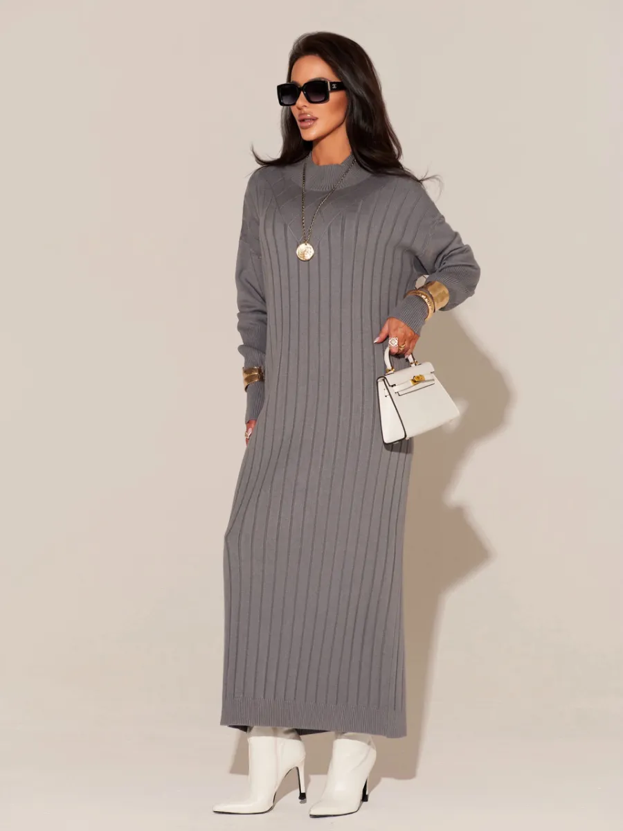 Серое платье лапша длинное трикотажное