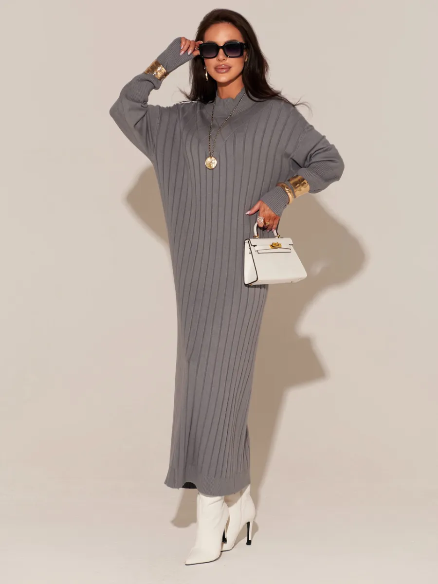 Серое платье лапша длинное трикотажное