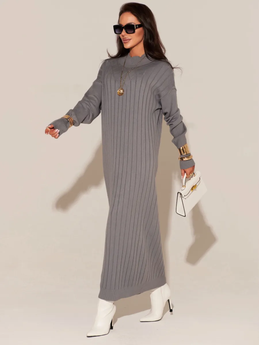 Серое платье лапша длинное трикотажное