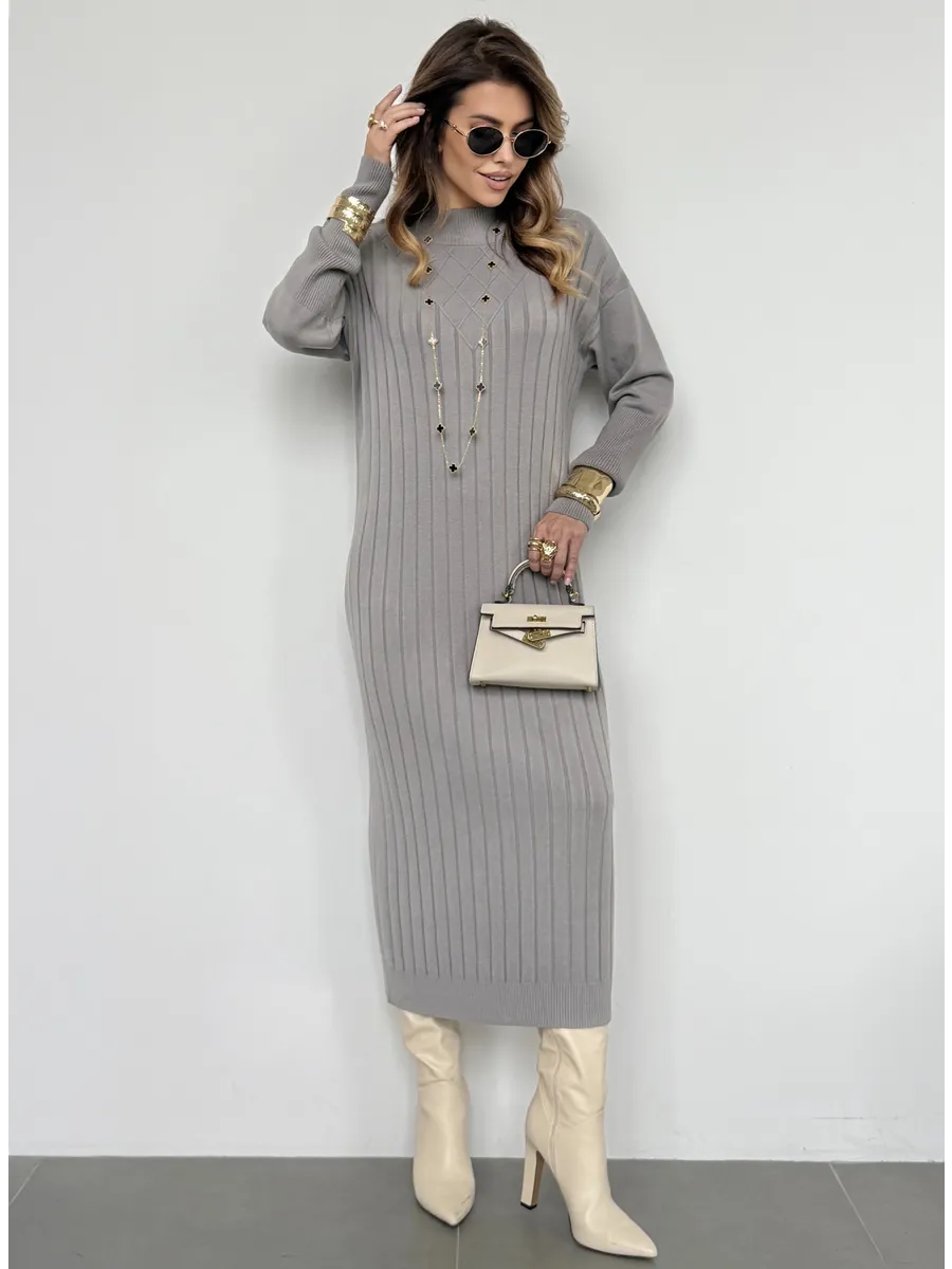 Серое платье лапша длинное трикотажное