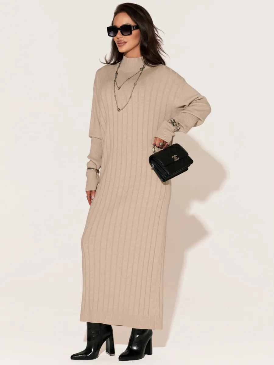 Бежевое платье лапша длинное трикотажное