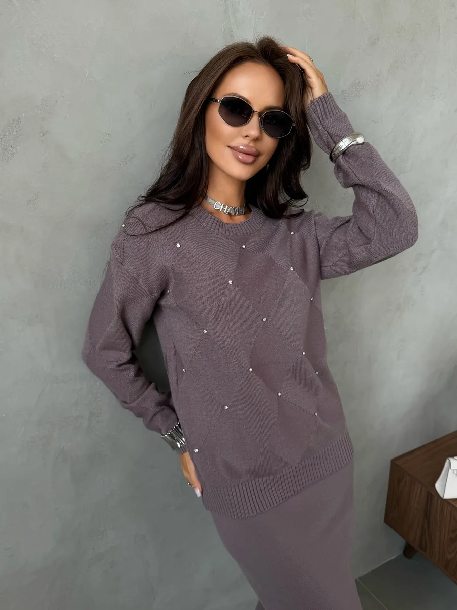 Капучино теплый трикотажный костюм с юбкой