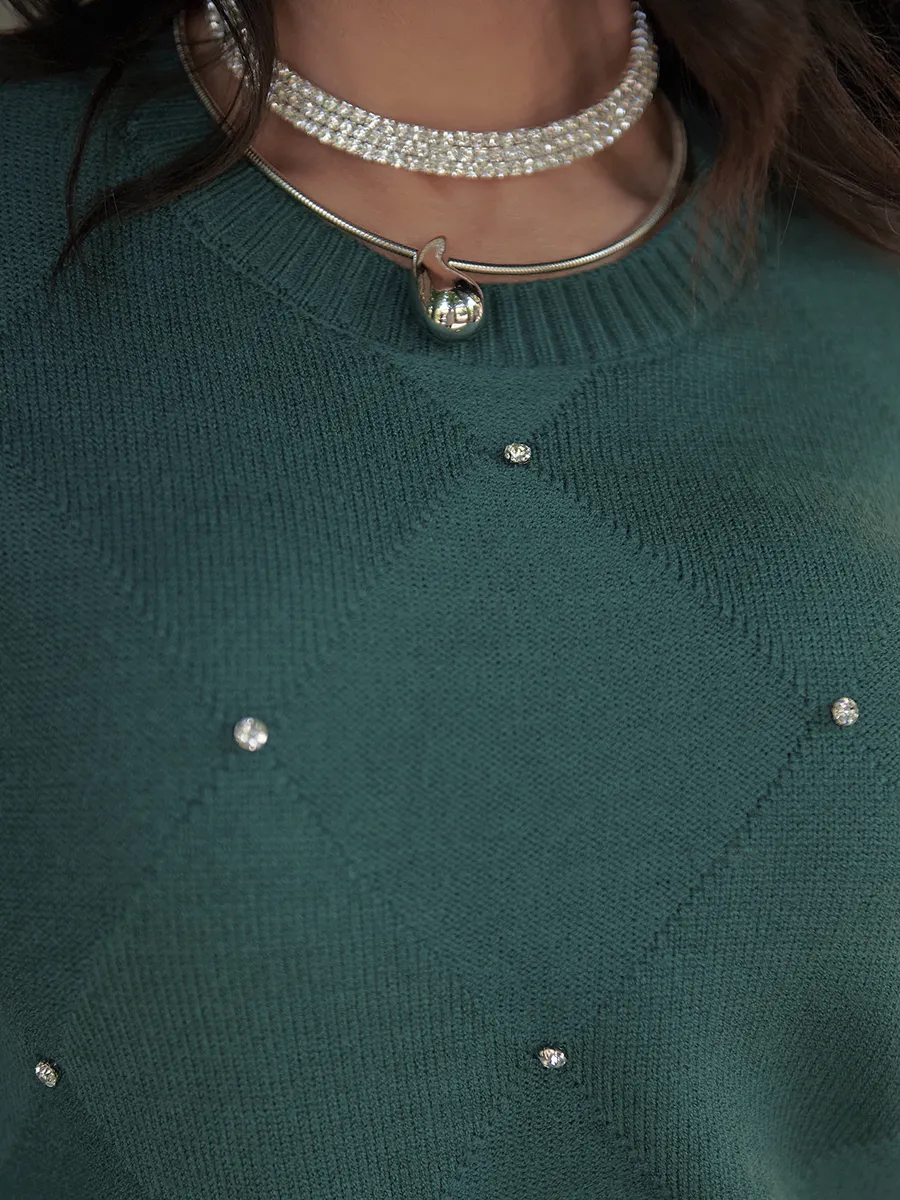 Темно-зеленый теплый трикотажный костюм с юбкой