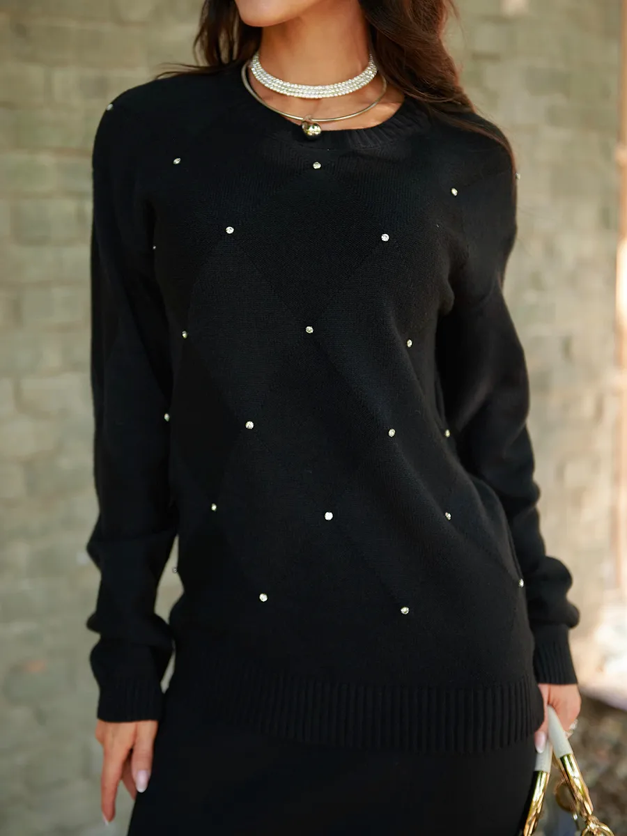 Черный теплый трикотажный костюм с юбкой