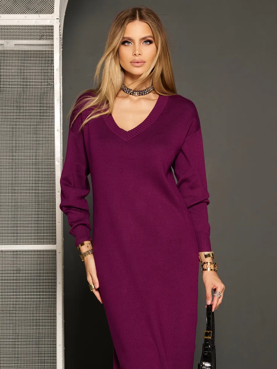 Баклажановое платье осеннее теплое трикотажное длинное