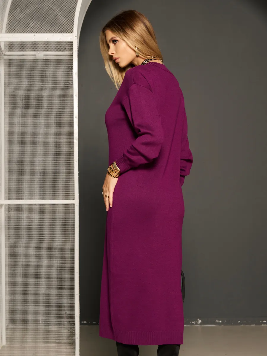 Баклажановое платье осеннее теплое трикотажное длинное