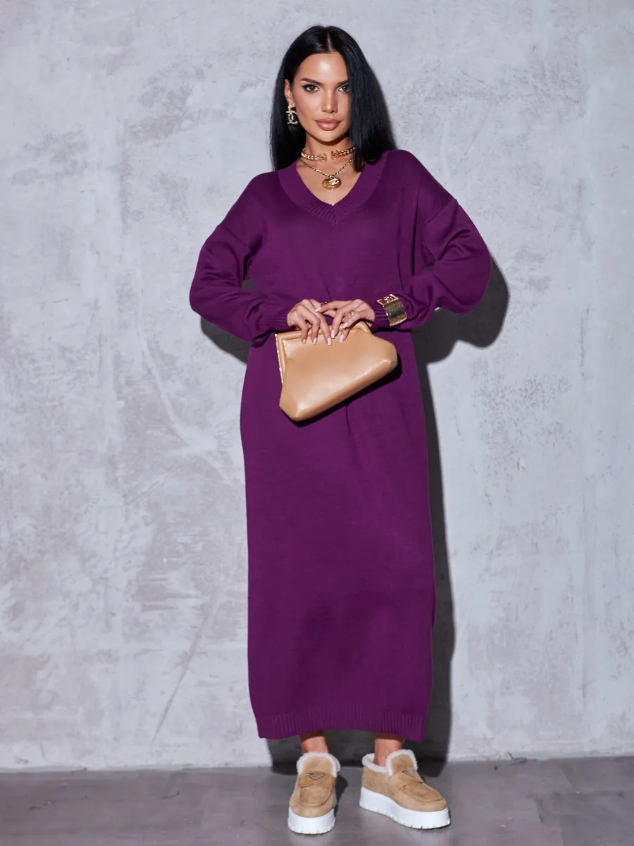 Баклажановое платье осеннее теплое трикотажное длинное