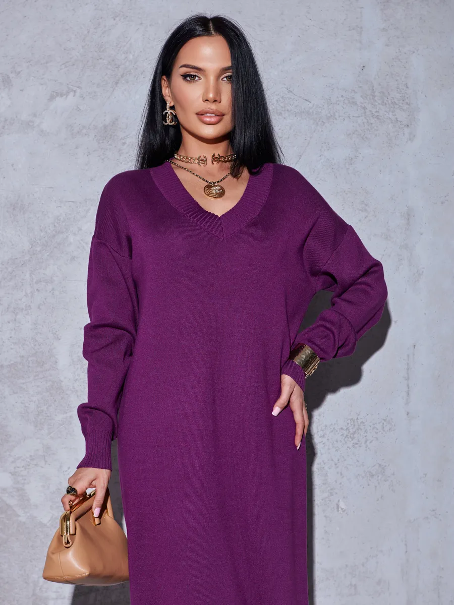 Баклажановое платье осеннее теплое трикотажное длинное