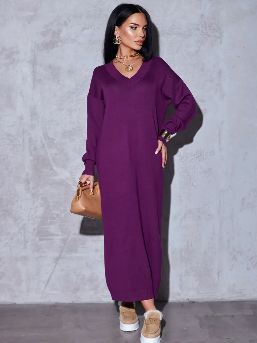 Баклажановое платье осеннее теплое трикотажное длинное