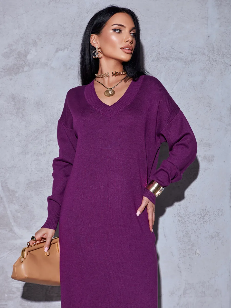 Баклажановое платье осеннее теплое трикотажное длинное