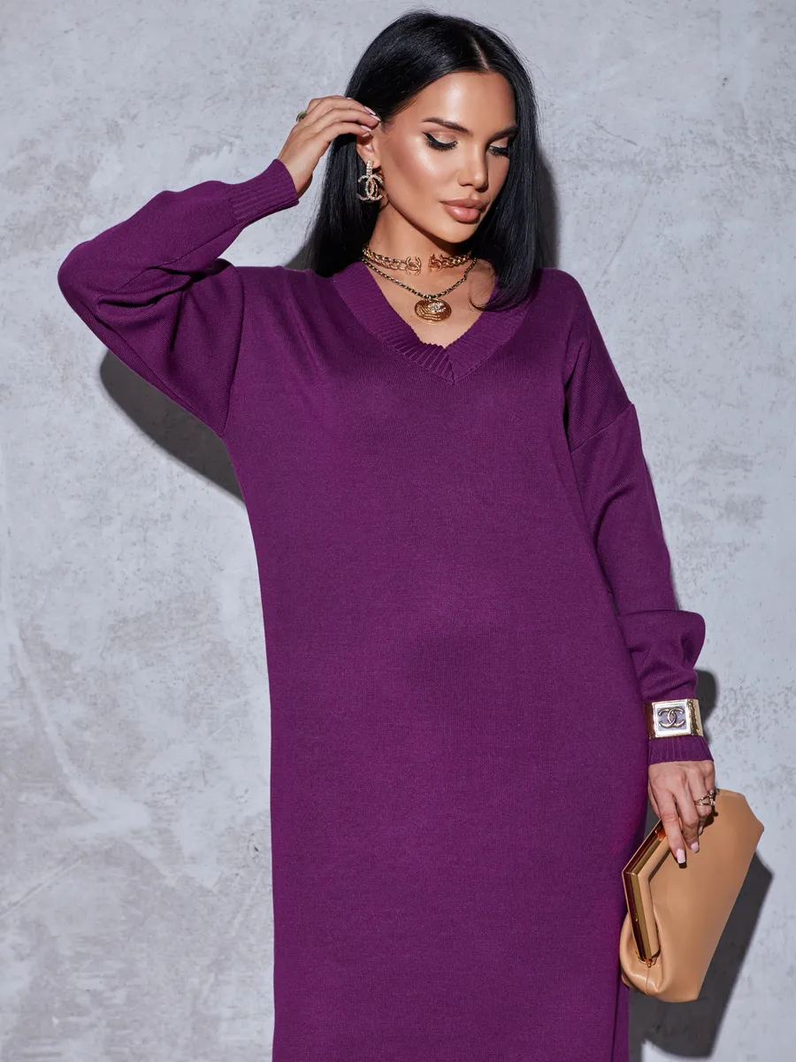 Баклажановое платье осеннее теплое трикотажное длинное