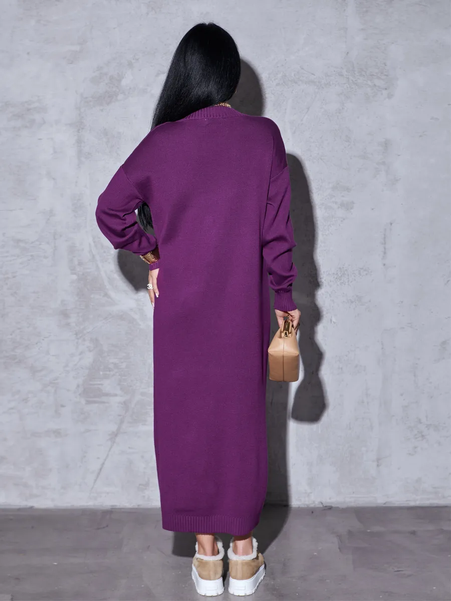 Баклажановое платье осеннее теплое трикотажное длинное