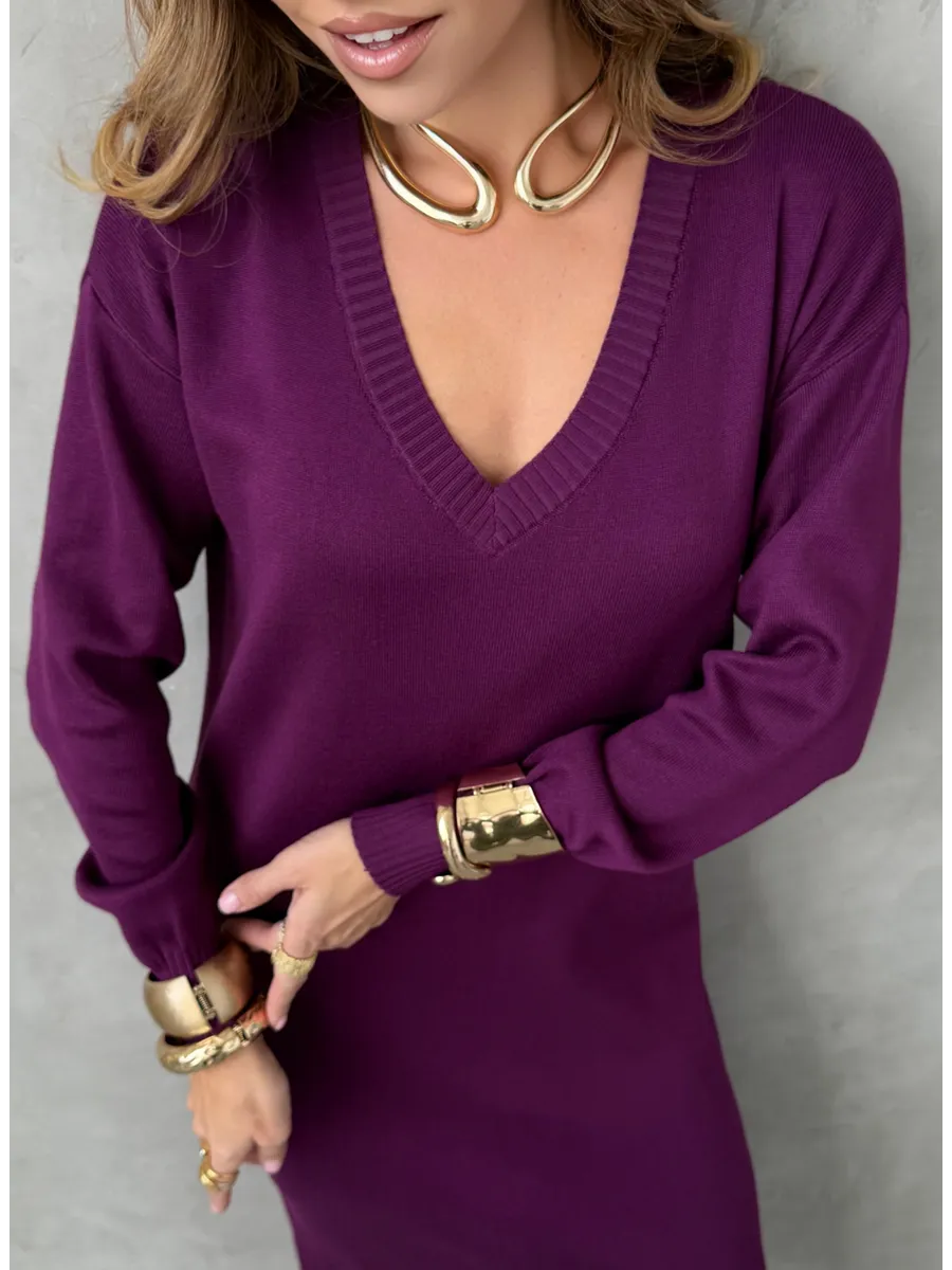 Баклажановое платье осеннее теплое трикотажное длинное