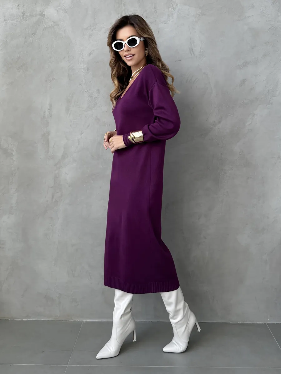 Баклажановое платье осеннее теплое трикотажное длинное