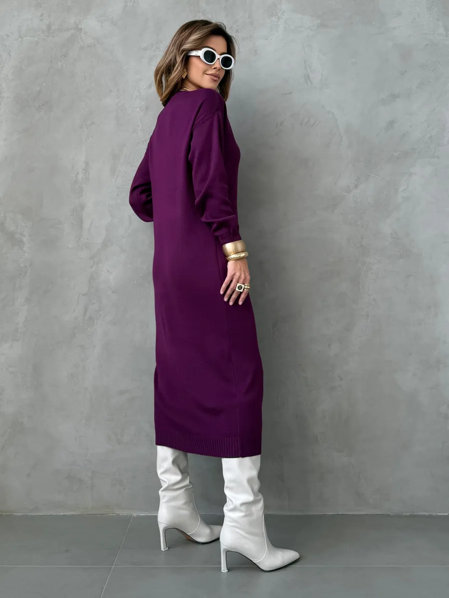 Баклажановое платье осеннее теплое трикотажное длинное