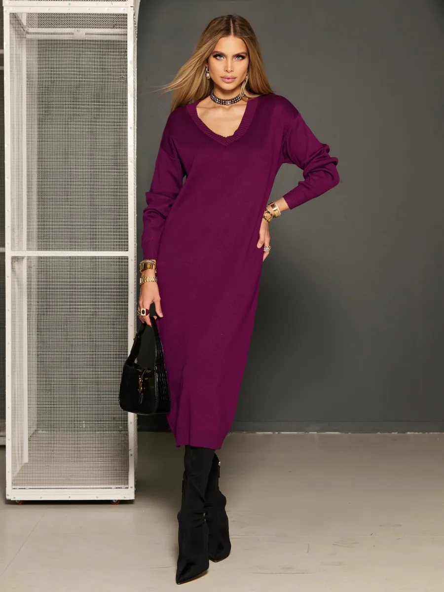 Баклажановое платье осеннее теплое трикотажное длинное