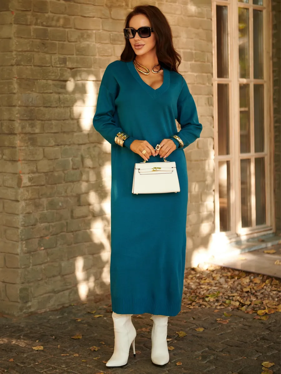 Морская волна платье осеннее теплое трикотажное длинное