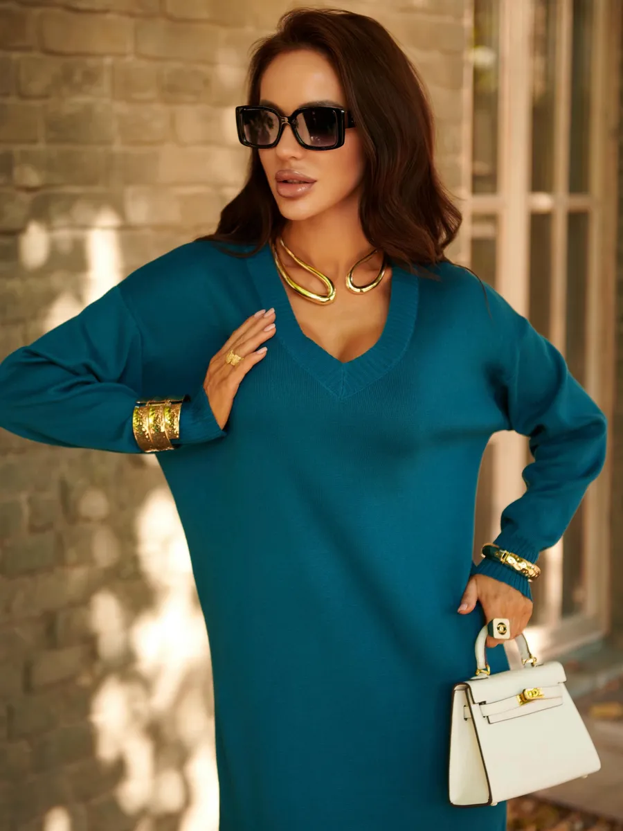 Морская волна платье осеннее теплое трикотажное длинное