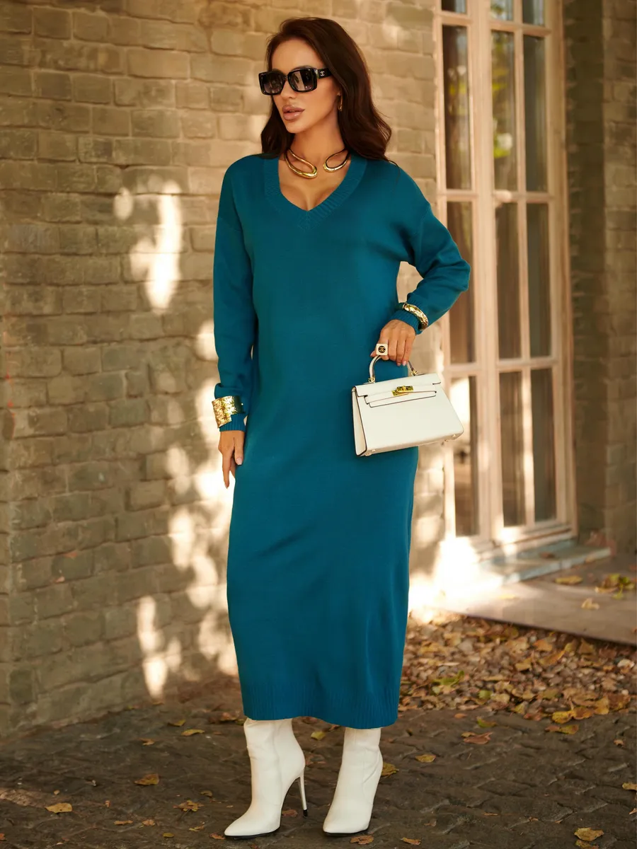 Морская волна платье осеннее теплое трикотажное длинное