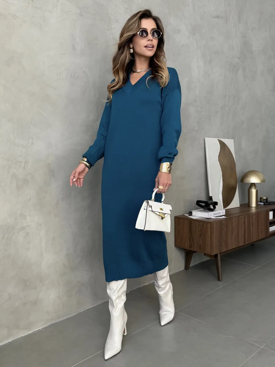 Морская волна платье осеннее теплое трикотажное длинное