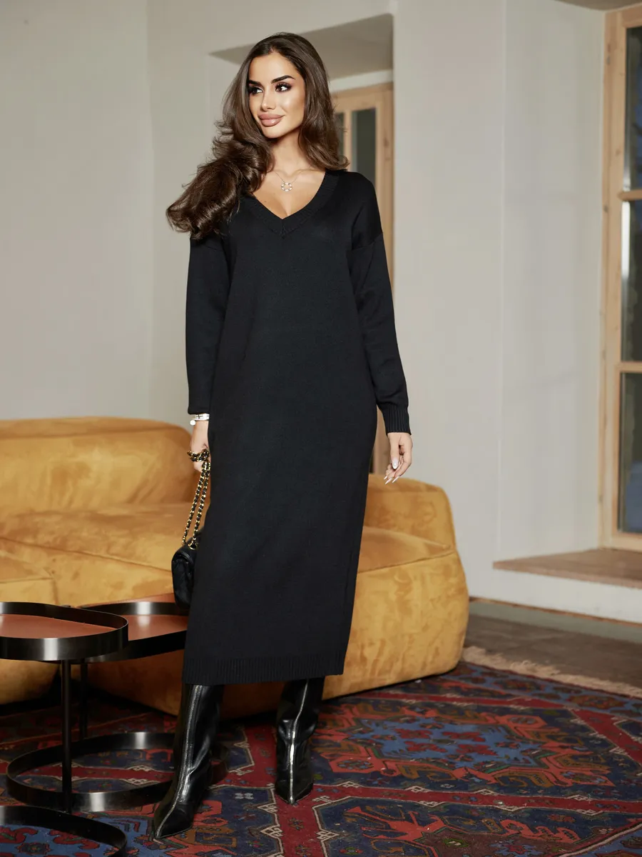 Черное платье осеннее теплое трикотажное длинное