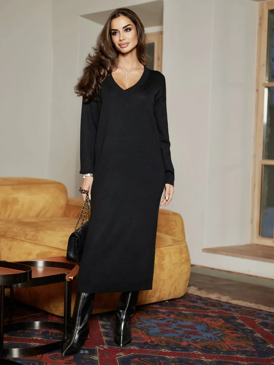 Черное платье осеннее теплое трикотажное длинное