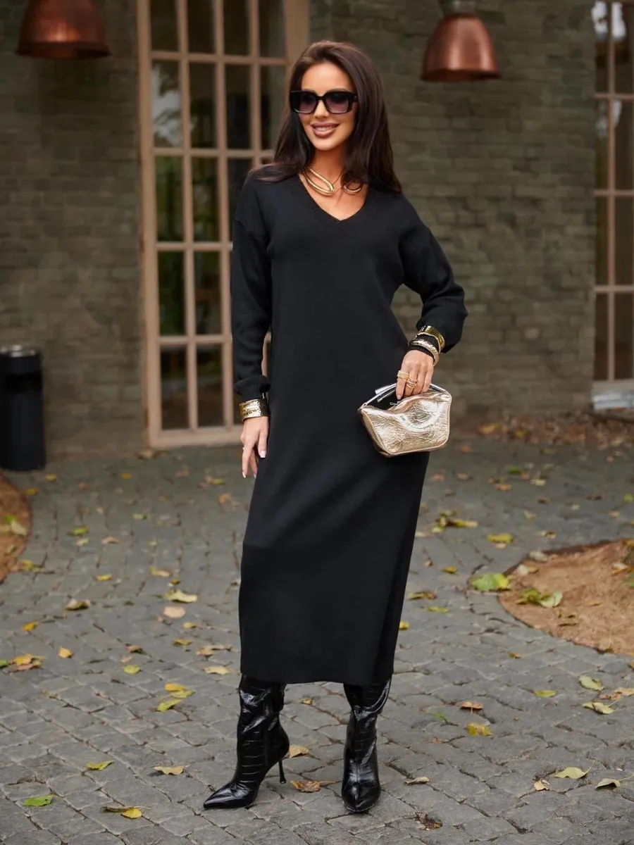 Черное платье осеннее теплое трикотажное длинное