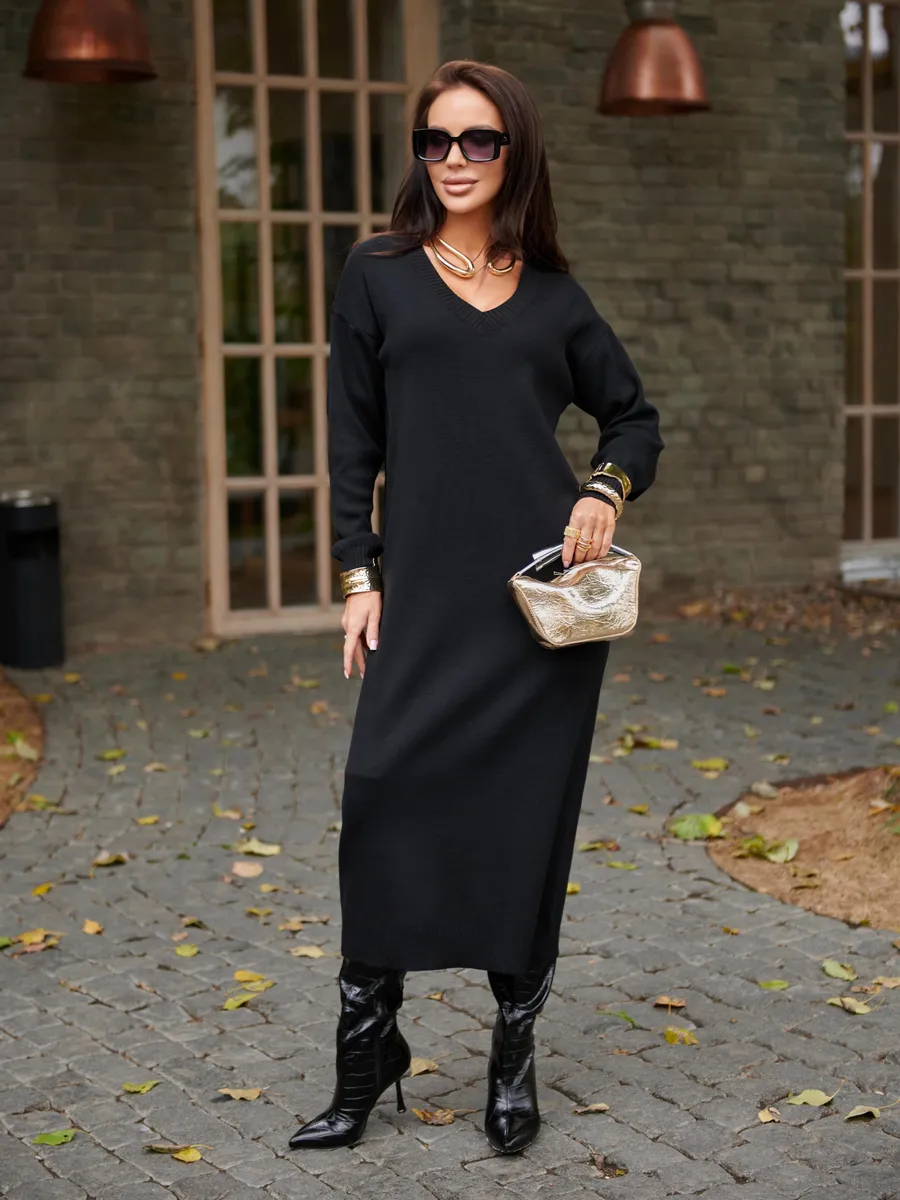 Черное платье осеннее теплое трикотажное длинное