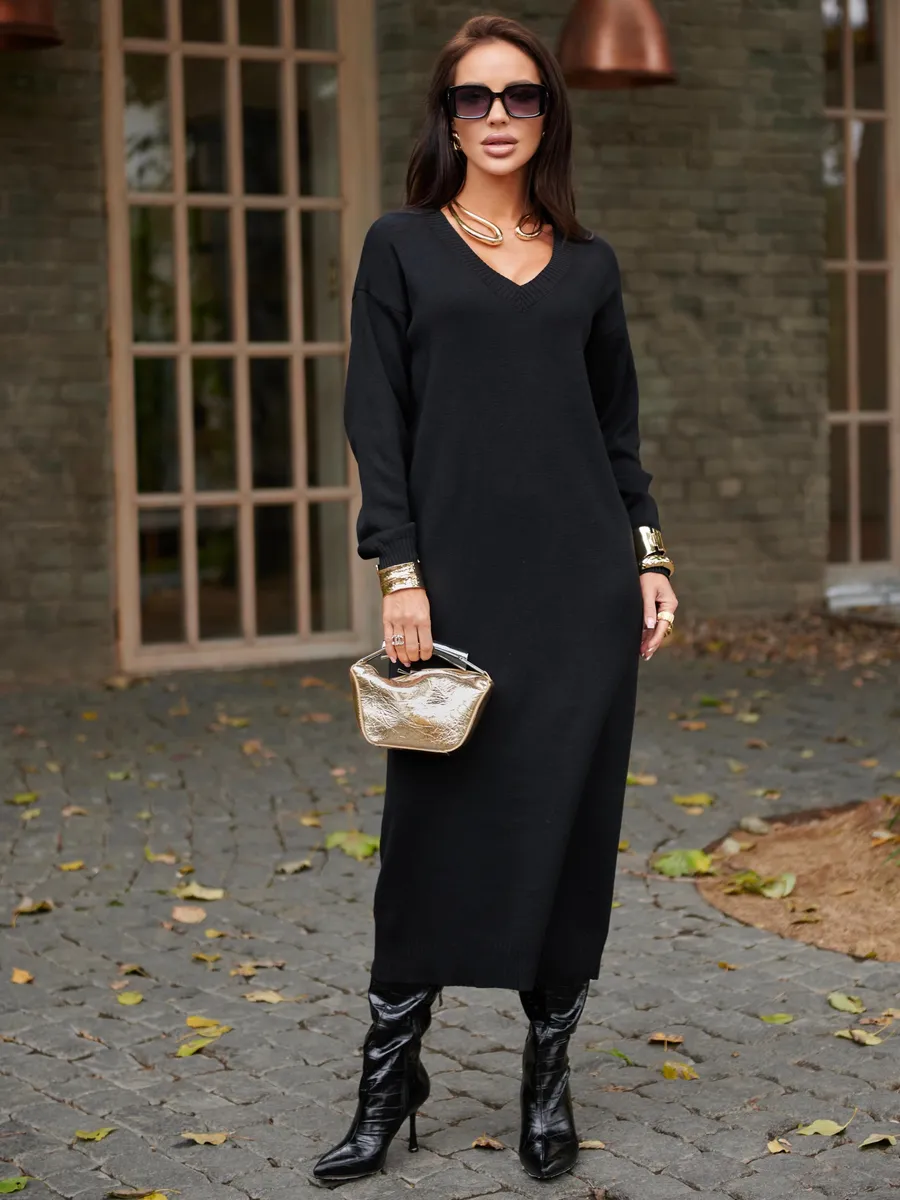 Черное платье осеннее теплое трикотажное длинное