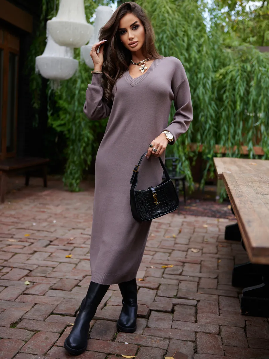 Капучино платье осеннее теплое трикотажное длинное