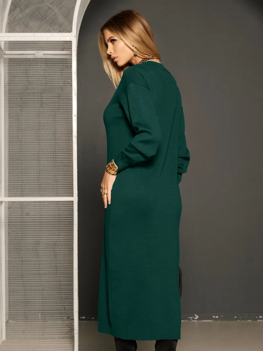 Зеленое платье осеннее теплое трикотажное длинное