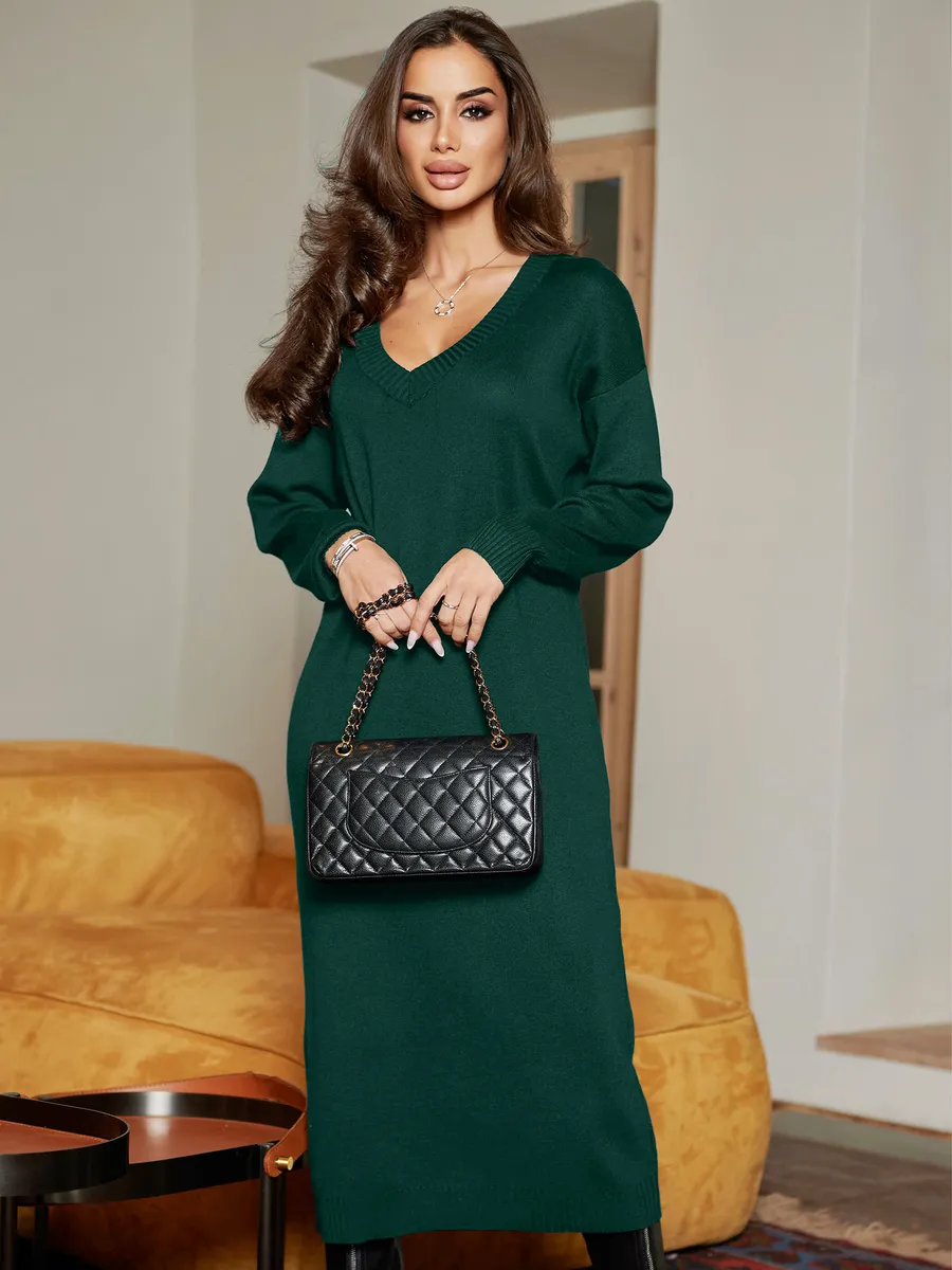 Зеленое платье осеннее теплое трикотажное длинное