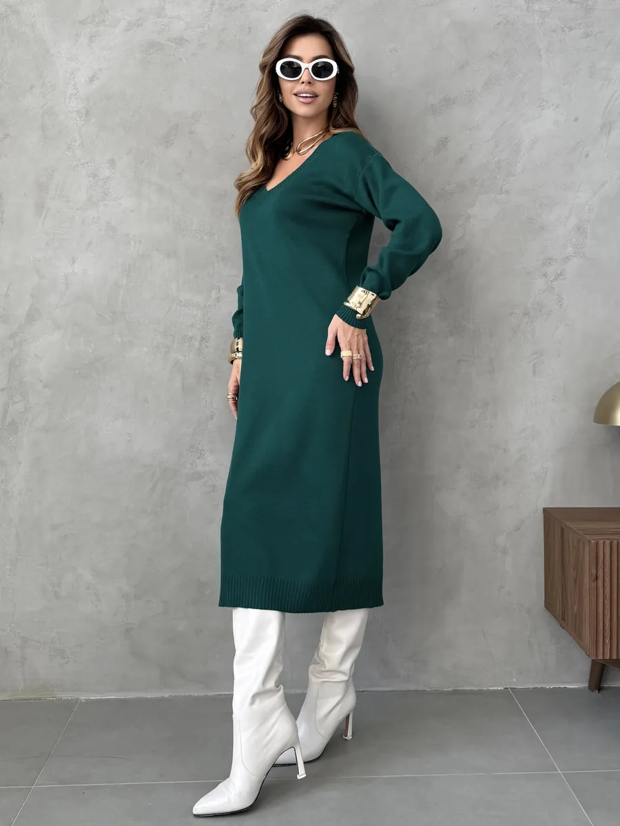 Зеленое платье осеннее теплое трикотажное длинное