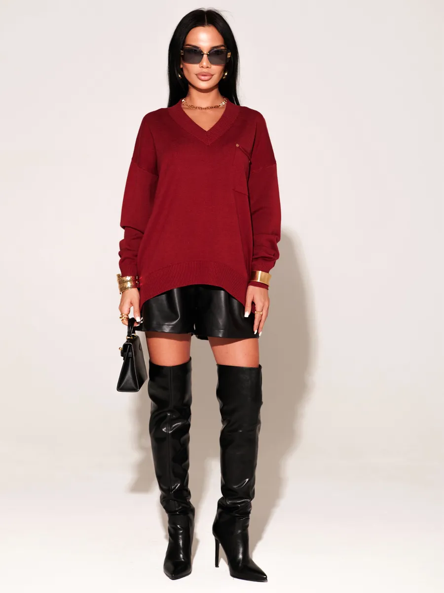 Бордовая кофта теплая трикотажная оверсайз