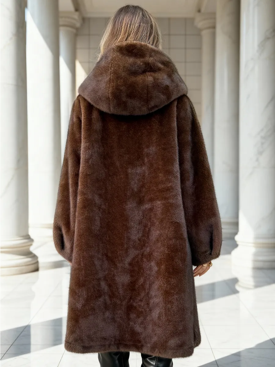 Коричневая шуба искусственная зимняя с капюшоном