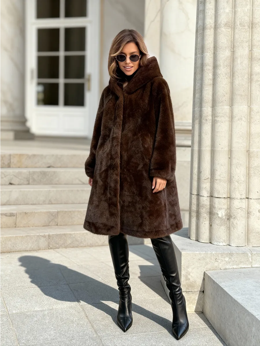 Коричневая шуба искусственная зимняя с капюшоном