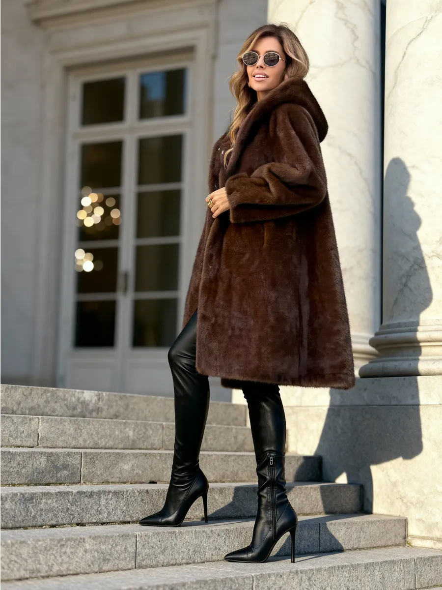 Коричневая шуба искусственная зимняя с капюшоном