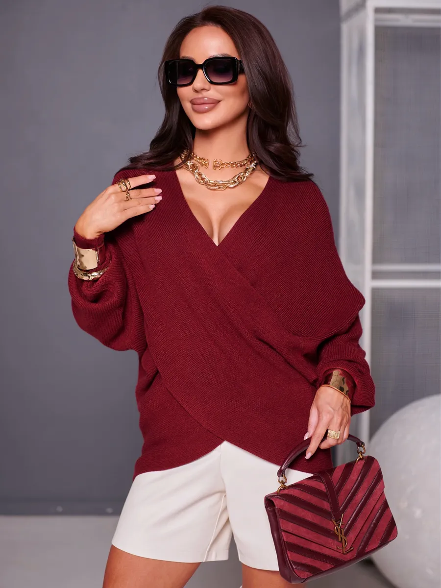 Бордовая теплая кофта вязаная на запах оверсайз