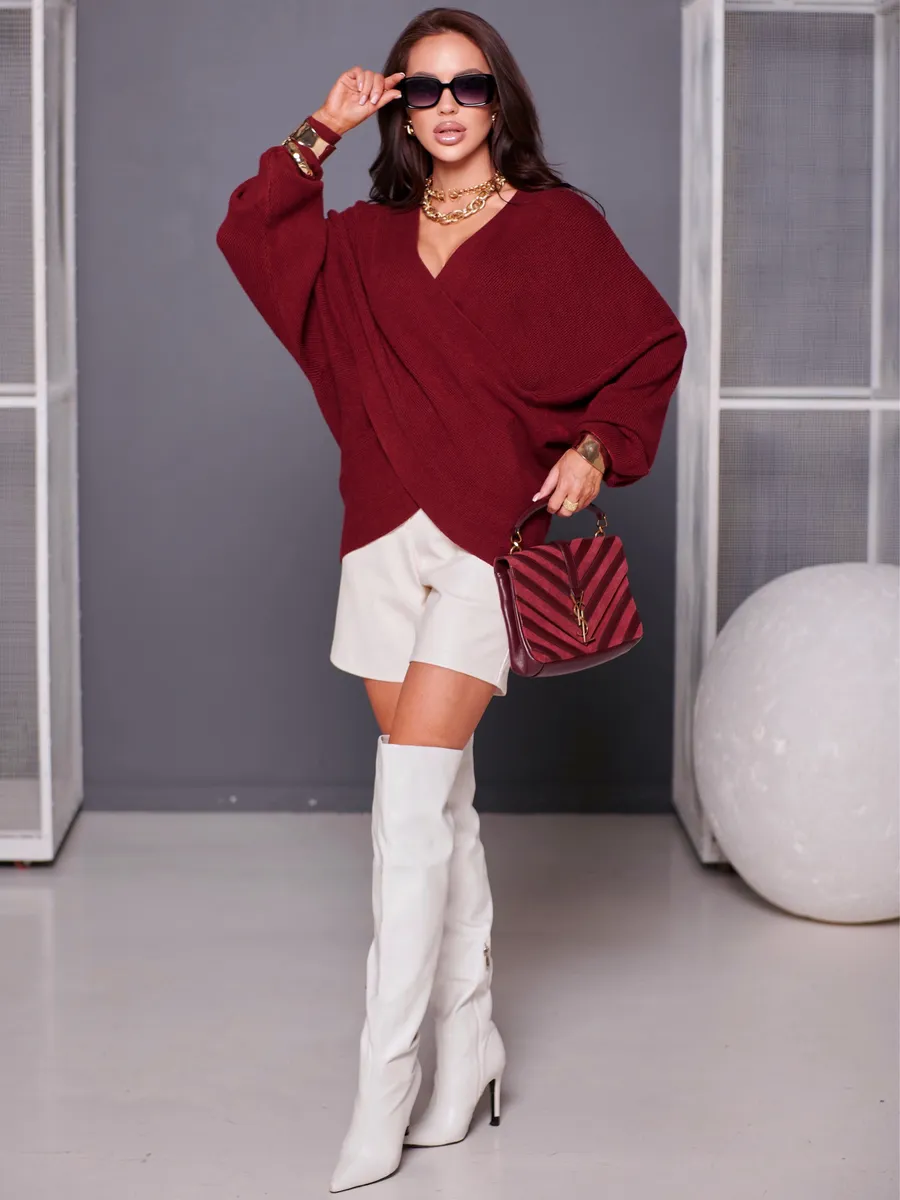 Бордовая теплая кофта вязаная на запах оверсайз