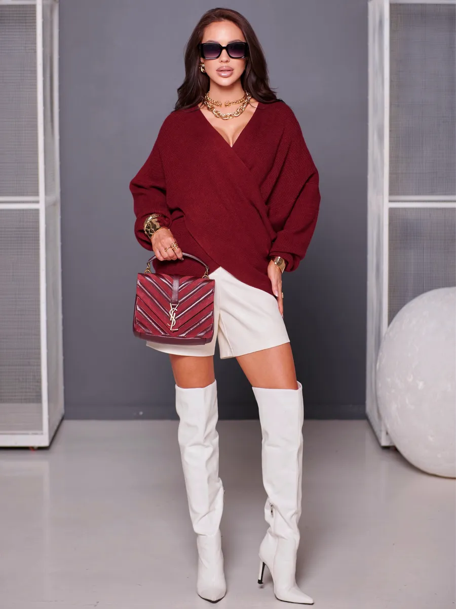 Бордовая теплая кофта вязаная на запах оверсайз