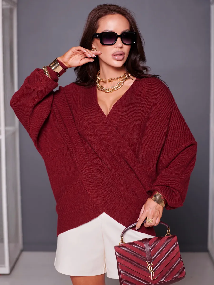 Бордовая теплая кофта вязаная на запах оверсайз