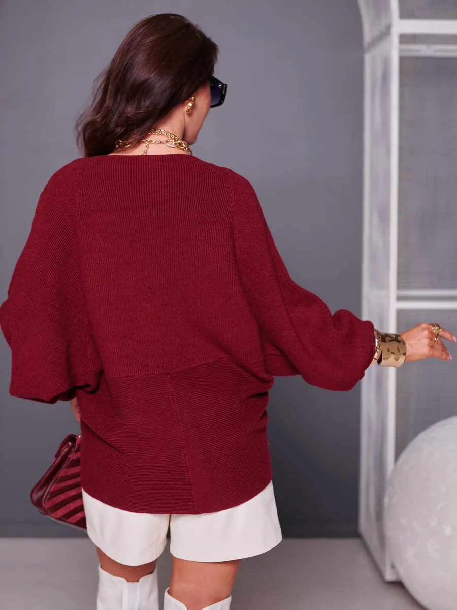 Бордовая теплая кофта вязаная на запах оверсайз