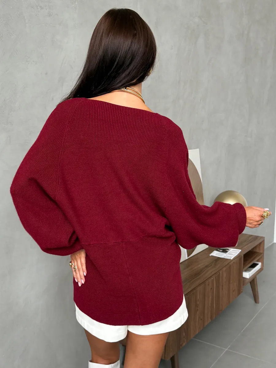 Бордовая теплая кофта вязаная на запах оверсайз