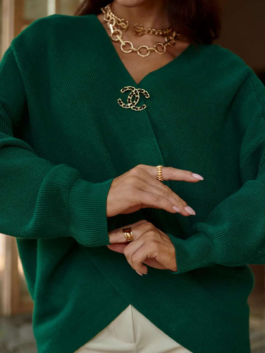 Зеленая теплая кофта вязаная на запах оверсайз